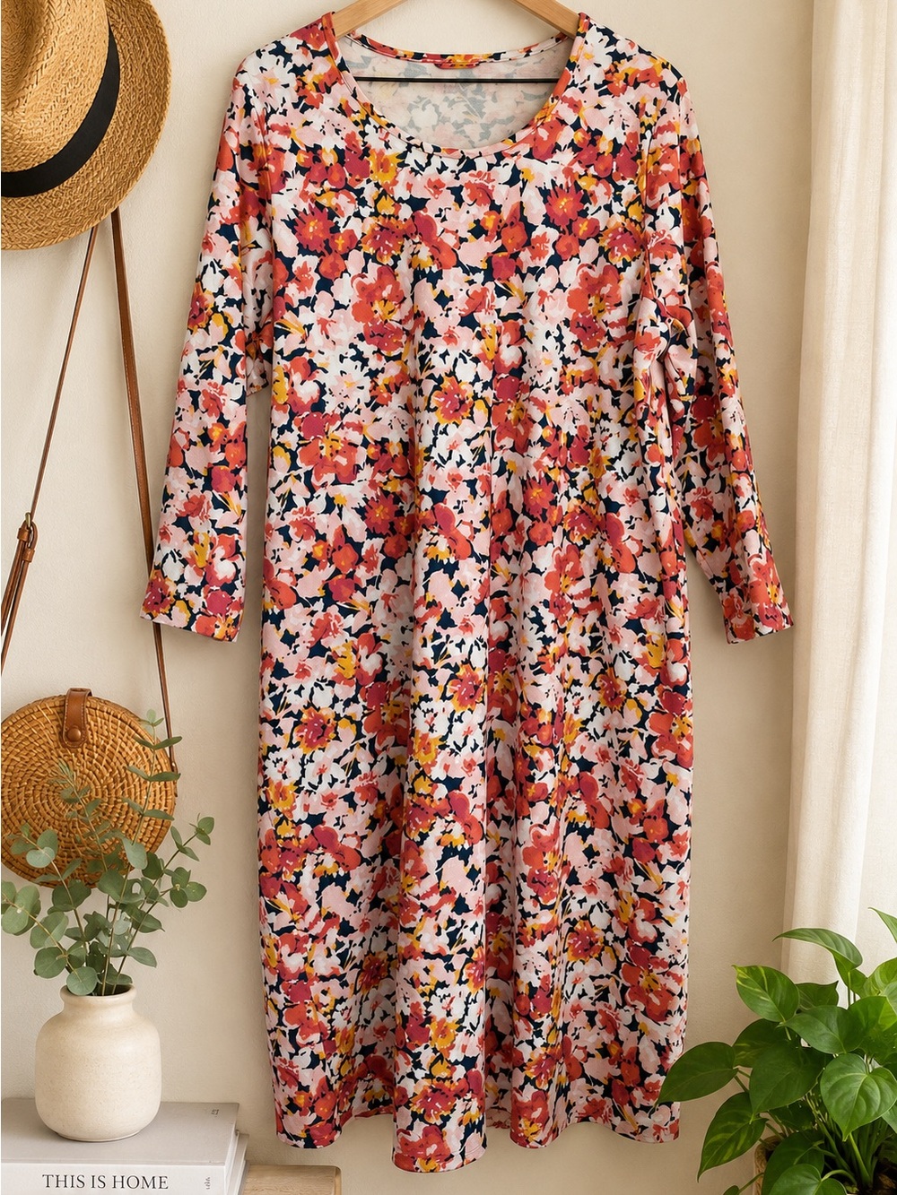 Lands End Floral Cotton Scoop-Neck Midi Dress in Coral Pink Size 2XL